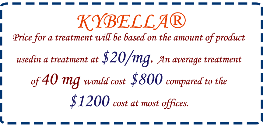 KYBELLA® Price for a treatment will be based on the amount of product used in a treatment at $20/mg. An average treatment of 40 mg would cost $800 compared to the $1200 cost at most offices.