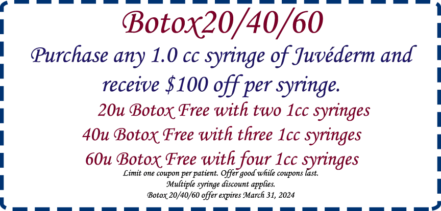 Botox20/40/60. Purchase any 1.0 cc syringe of Juvéderm and receive $100 off per syringe. 20u Botox Free with two 1cc syringes, 40u Botox Free with three 1cc syringes, 60u Botox Free with four 1cc syringes.Limit one coupon per patient. Offer good while coupons last. Multiple syringe discount applies. Botox 20/40/60 offer expires March 31, 2024